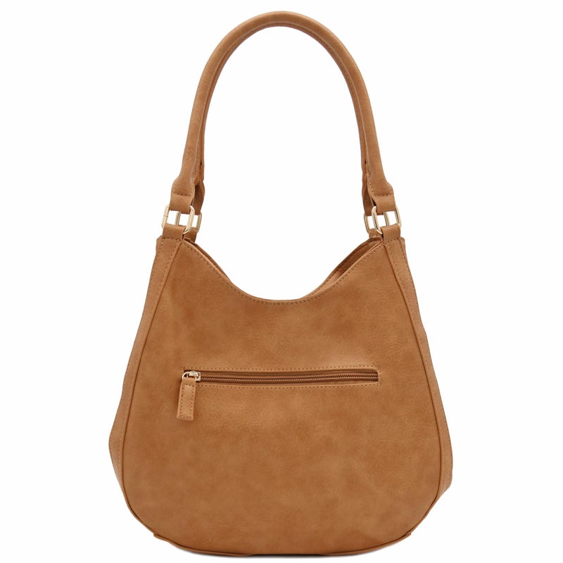 FashionPuzzle Light-weight 3 Compartment Faux Leather Medium Hobo Bag (Tan) - Image 4